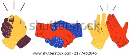 Symbols of success deal, happy partnership, greeting shake, handshake of agreement. Set of human arms and different handshakes. Colored hands hold each other. People shake their hands as sign of deal [[stock_photo]] © 
