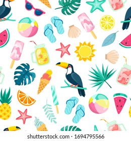 Symbols of summer holidays. Beach party, ice cream and drinks, tropical plants and birds on a white background. Seamless pattern.