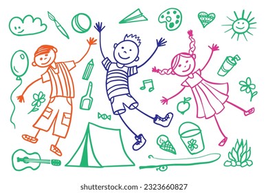 Сhildren with symbols of summer holydays. Summer kids camp activities. Card template design with kids on holidays for banners, posters, invitations.