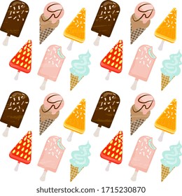 Symbols of summer. Seamless vector illustration of colorful different ice cream on a white textured background. Sweet and cold dessert menu.