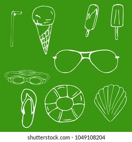 Symbols of summer, vector image. White on a green background