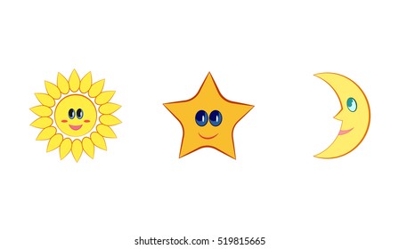 Symbols sun, moon and star isolated on white background. Characters sun, moon, star.