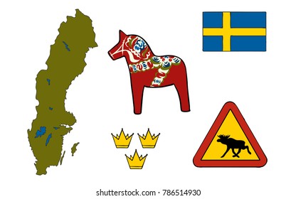 Symbols of Sweden icons, vector