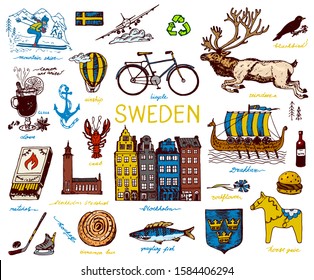 Symbols of Sweden in vintage style. Retro sketch with traditional signs. Scandinavian culture, national entertainment in European country. Ecology and processing, bicycle and animals, winter and cold.