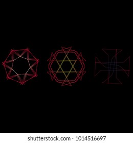 Symbols and symmetrical geometric pattern, fractal, pentagram, icon rune