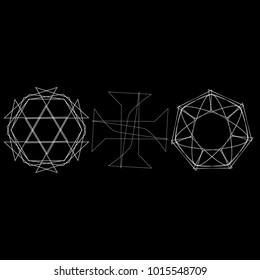 Symbols and symmetrical geometric pattern, fractal, pentagram, icon rune