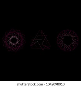Symbols and symmetrical geometric pattern, fractal, pentagram, icon rune