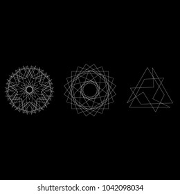 Symbols and symmetrical geometric pattern, fractal, pentagram, icon rune