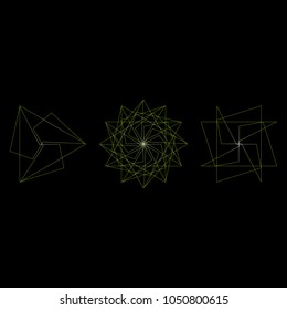 Symbols and symmetrical geometric pattern, fractal, pentagram, icon rune