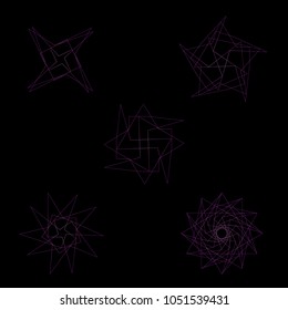 Symbols and symmetrical geometric pattern, fractal, pentagram, icon rune