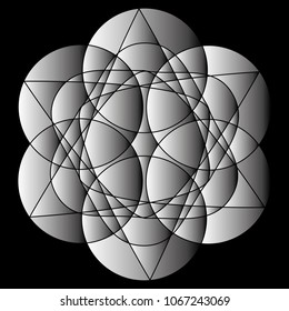 Symbols and symmetrical geometric pattern, fractal, pentagram, icon rune