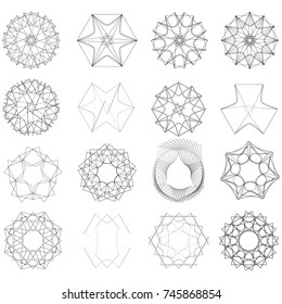 Symbols and symmetrical geometric pattern, fractal, pentagram, icon rune