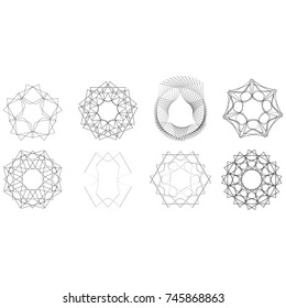 Symbols and symmetrical geometric pattern, fractal, pentagram, icon rune
