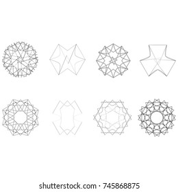 Symbols and symmetrical geometric pattern, fractal, pentagram, icon rune