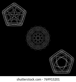 Symbols and symmetrical geometric pattern, fractal, pentagram, icon rune