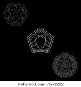 Symbols and symmetrical geometric pattern, fractal, pentagram, icon rune
