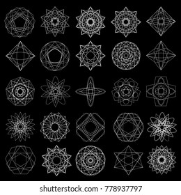Symbols and symmetrical geometric pattern, fractal, pentagram, icon rune
