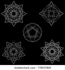 Symbols and symmetrical geometric pattern, fractal, pentagram, icon rune