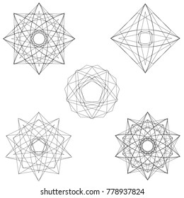 Symbols and symmetrical geometric pattern, fractal, pentagram, icon rune