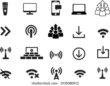 symbols, tags and logos related to multimedia and remote contact. Vector graphics for websites, self-development, remote work.