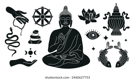 Symbols of Thai Theravada Buddhism. Black and white set. Set of Buddhism elements for decoration, print, poster, banner. Vector illustration on a white background.