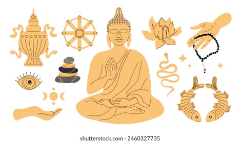 Symbols of Thai Theravada Buddhism. Set of Buddhism elements for decoration, print, poster, banner. Vector illustration on a white background.