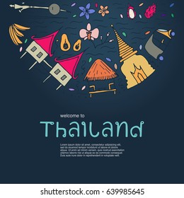 Symbols of Thailand. Hand drawn design concept with the main attractions of Thailand. Vector illustration.