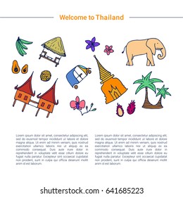 Symbols of Thailand. Hand drawn design concept with the main attractions of Thailand. Vector illustration.