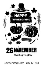 Symbols of Thanksgiving Day - pumpkin, ears of wheat, fallen autumn leaves, vegetables and pilgrim hat. November 26. Happy Thanksgiving. Vector black icon.