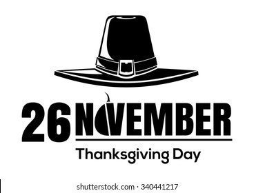 Symbols of Thanksgiving Day - pumpkin and pilgrim's hat. November 26. Happy Thanksgiving. Vector black icon.