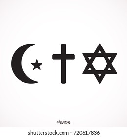 Symbols of the three world religions - Judaism, Christianity and Islam.