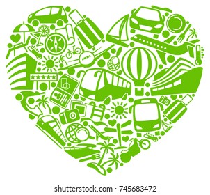 Symbols of tourism and travel in the form of heart