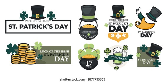 Symbols of traditional irish holiday, saint patricks day celebration in march. Spring event in UK, cauldron with money golden coins and shamrock leaves, black big top hats. Vector in flat style