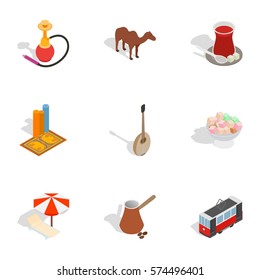 Symbols of Turkey icons set. Isometric 3d illustration of 9 symbols of Turkey vector icons for web