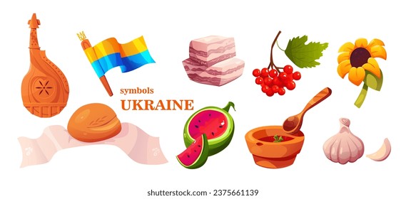 Symbols Ukraine Set. Bread with a Towel (Rushnyk), Bandura, Watermelon, Flag of Ukraine, Lard, Borsch, Garlic, Sunflower and Guelder Rose. Vector Illustration in Cartoon Style.