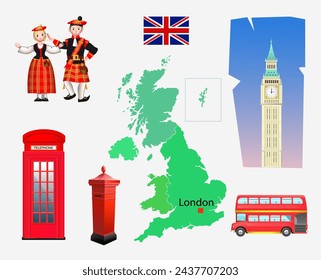 Symbols of United Kingdom. Outline of the country, architecture and national clothing. Set of clip arts vector illustration