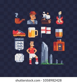 Symbols United Kingdom pixel art set part 2, british theme icons, flag, castle, man football player, whiskey and rock guitar. Design for sticker, logo, mobile app. 8-bit sprite. Isolated illustration.