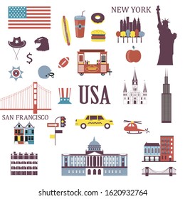 Symbols of usa in flat style. Traditional American attributes. Set of vector isolated icons on white background.