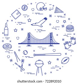 Symbols of USA: Golden Gate, suspension bridge and soaring eagle, whiskey, donut, wallet, dollar, helmet and gloves for american football, hamburger and other arranged in a circle. 