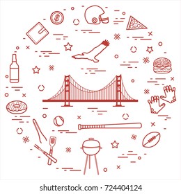 Symbols of USA: Golden Gate, suspension bridge and soaring eagle, whiskey, donut, wallet, dollar, helmet and gloves for american football, hamburger and other arranged in a circle. 