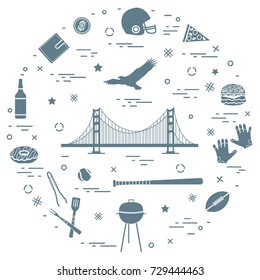 Symbols of USA: Golden Gate, suspension bridge and soaring eagle, whiskey, donut, wallet, dollar, helmet and gloves for american football, hamburger and other arranged in a circle. 