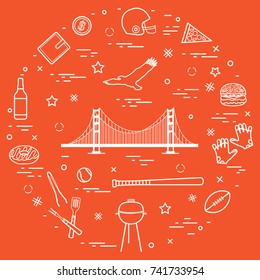 Symbols of USA: Golden Gate, suspension bridge and soaring eagle, whiskey, donut, wallet, dollar, helmet and gloves for american football, hamburger and other arranged in a circle. 