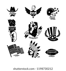 Symbols of USA set, American Independence Day retro hand drawn design elements vector Illustration on a white background