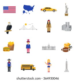 Symbols USA stars and stripes banner eagle national bird and liberty statue flat icons collection vector isolated illustration