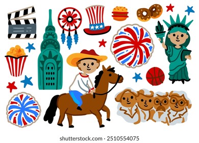 Symbols of USA. Statue of Liberty, Mount Rushmore, flag, cowboy. For maps and children designs. Travel landmarks illustrations. Cartoon style. Childish. July 4th. Set of Independence Day American