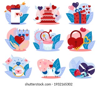 Symbols of Valentine Day Set. Happy holiday, love and wedding objects. Greeting, congratulation, invitation card, flyer, banner, poster, sticker design cartoon vector illustration