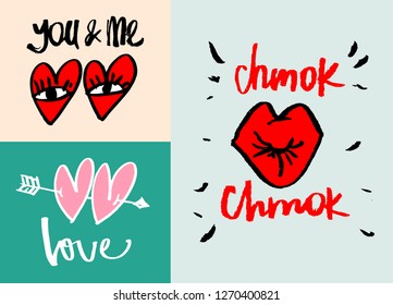 Symbols of Valentine's Day, hearts and sponges with thematic inscriptions. Perfect for holiday decoration and just for your favorite letters.