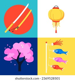 Símbolos y valores de Japón - conjunto de ilustraciones coloridas de diseño plano