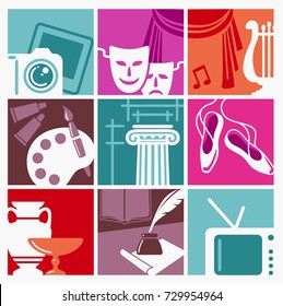 Symbols of various forms of art and entertainment