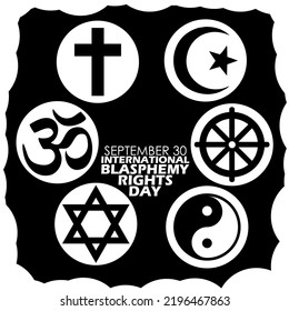 Symbols of various religions in a circle with bold text and cloud frame on black background to commemorate International Blasphemy Rights Day on September 30